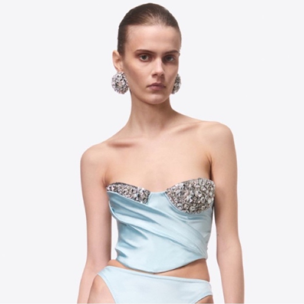 AREA NYC Embroidered Crystal Cup Draped Bustier Top Size 2